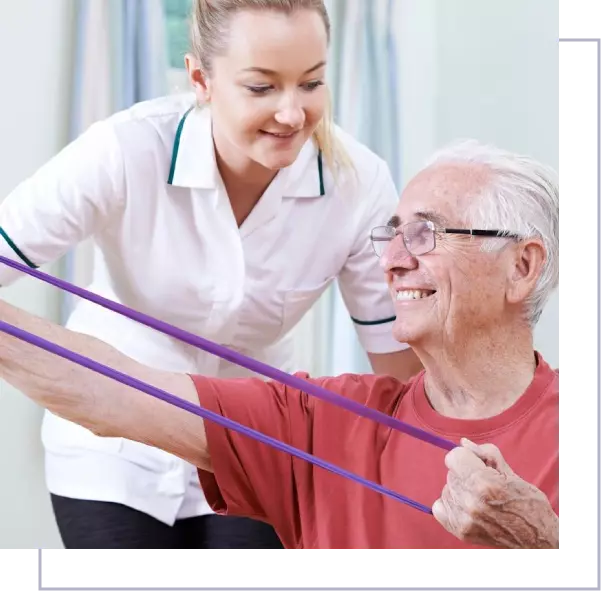 A woman helping an older man with some resistance bands